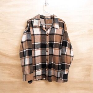 Flannel Womens Plaid Button Up Shirt Size XL Brown Black Ivory Western Coachella